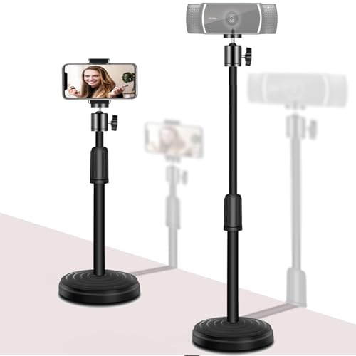 Webcam Stand with Phone Holder, Adjustable Height Desk Camera Mount for Logitech C920 C922 C925e C930e, 1/4 Threaded Desktop Tripod Stand for Live Streaming, Video Conferencing, Online Classes