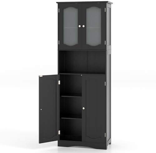 Multigot Bathroom Tall Cabinet, Freestanding Storage Cupboard with Frost Tempered Glass Doors, Adjustable Shelves and Open Compartment, Wooden High Floor Standing Narrow Organizer Unit (Black)