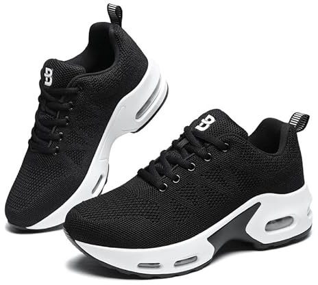 Womens Orthopedic Trainers Running Shoes Air Cushion Athletic Sports Lightweight Walking Sneakers Mesh Breathable Ladies Nursing Work Arch Support Plantar Fasciitis Jogging Shoes Black White UK 7