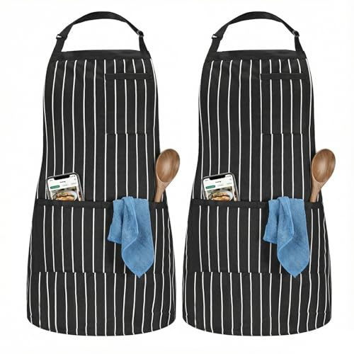 COONE 2 Stück Übergröße Streifen Kochschürze, Verstellbare Schürze Mit 3 Taschen, Küchenschürze Für Männer Frauen, Kochschürzen Für BBQ, Künstler, Gärtnern, Backen, Restaurant (90x100cm, Schwarz)​​