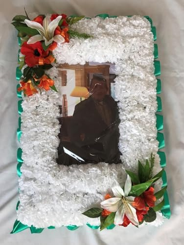 Silky Bouquets Photo Frame Funeral Tribute – Silk Flower Frame with Printed Central Picture | Personalized Memorial Arrangement in Multiple Sizes with Sash & Message Card