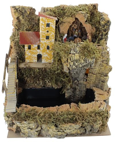 Moranduzzo Borgo per Presepe con Cascata a Getto Velo, Natività 6 soggetti 3,5 cm - Ambientazione Rustica, 24x21x26 cm – Realizzato a Mano, Prodotto Ufficiale, Made in Italy, Scultore M. Landi