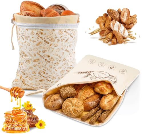 Ecofocet 2 pezzi Sacchetto pane cera d'api,43×33 cm Tela cerata per pane,Sacchetti cera d'api per alimenti,con chiusura con fibbia/cerniera,per lievito madre e prodotti da forno (Zip A)