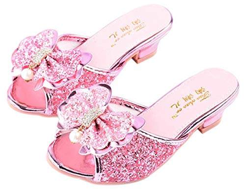 Monissy Tacón Alto Sandalia Mulas Plata Boca De Pez Lentejuelas Lazos De Metal Con Incrustaciones De Cristal Perla Niña Princesa De Fantasía Zapatos De Baile Navidad Halloween,Rosa,31