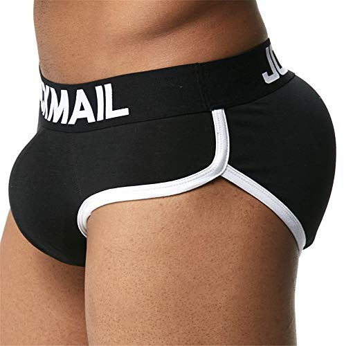 JOCKMAIL Herren Slips mit Butt Pad Unterwäsche Sportlich Radfahren Unterwäsche Slips Baumwolle Hip-up Unterwäsche Ausbuchtung Vorne und Hinten Pad Push Up Cup Unterwäsche (L, schwarz)