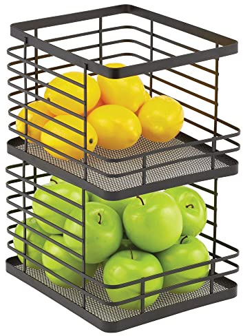 mDesign Stacking Wire Baskets Food Organizer Storage Metal Basket with Open Front for Kitchen Cabinet, Pantry, Cupboard, and Shelves - Organize Fruits, Snacks, and Vegetables - 2 Pack - Matte Black