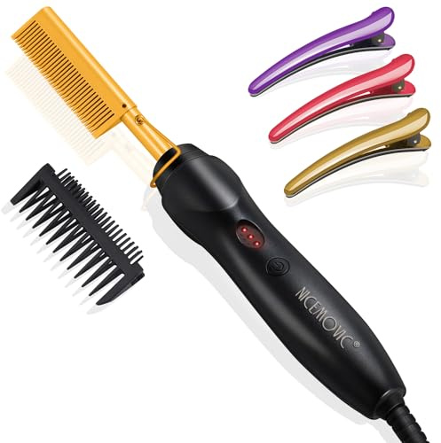 NICEMOVIC Ceramic Heating Hair Straightener Comb - Hot Pressing Brush for Natural Black Hair, Beard Wigs, and Curling (Gold)