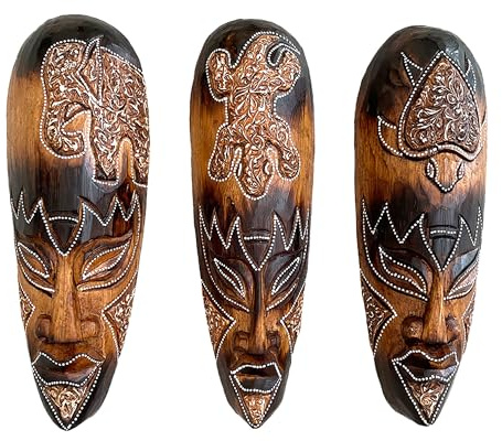 OMA Set Of (3) African Wall Masks With Stunning Details Hand Crafted Wooden Tribal Tiki Wall Hanging Home Decor Gift
