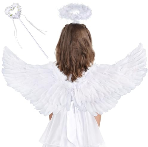Änglavingar vit, ängelkostym för kvinnor med gloria och trollstav, änglavingar, dekoration, kostym, vita vingar, 60 cm, fjädervingar, änglar, halloweenkostymer, karneval, fest, cosplay