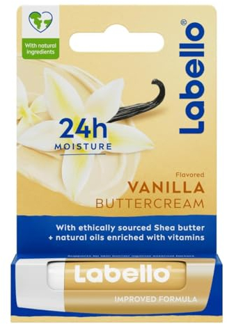 Labello Vanilla Buttercreme 5,5 ml, Lippenbalsam mit Vanilleduft, Lippenbalsam mit natürlichen Ölen und ohne Mineralöle, weich und feuchtigkeitsspendend für 24 Stunden