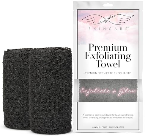 SERAPHIC SKINCARE Premium Exfoliating Towel Infused with Charcoal – Traditional Body Scrubber for Dry Skin, Bacne & Ingrown Hairs – Japanese-Style Loofah for Men & Women (2 Pack)