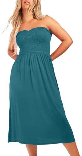 NetSetUK Women's Strapless Sheering Boob Tube Gather Oversized Plus Size Elasticated Bust Bandeau Plain Beach Summer Sleeveless Top Midi Dress for Ladies 8-22 Teal