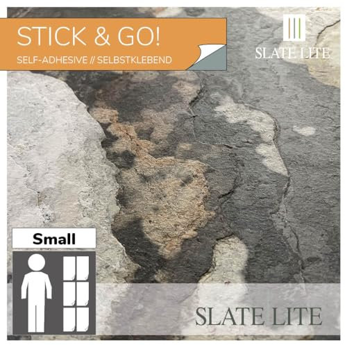Slate-Lite Stick & Go Lot de 6 carreaux de placage en pierre véritable, 30 x 60 cm, 1,6 m² – Surface en ardoise naturelle et mica avec des variations de couleurs uniques, installation facile à