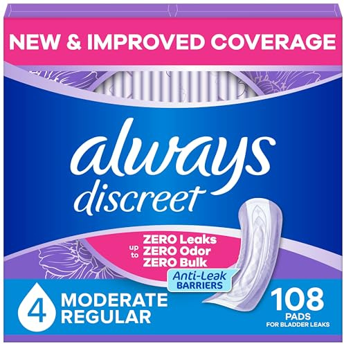 Always Discreet Adult Incontinence Pads for Women, Drier, 4 Drop Regular Length, Moderate Absorbency, Pads for Bladder Control Management, Bladder Leaks, & Postpartum Pads, 108ct