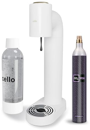Cello Sparkling Water And Soda Maker Machine, In White With 1 Litre Reusable BPA-Free Water Bottle For Carbonating & 60 Litre Co2 Gas Cylinder No Electricty Required Sparkling Water Maker