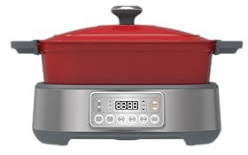 Homtone Casseruola 6 in 1 Slow Cooker, 5,5 l, programmabile, smaltata rimovibile, rivestimento in ceramica, cottura lenta, rosola, cottura a vapore con griglia a vapore, rosso