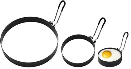 TUKEVA 3 Pcs Stampo per uova al tegamino Anelli per uova tondi in acciaio inox Anello per Uova di Forma Rotonda Antiaderente per Omelette, Involtini di Uova, Frittelle,Pancake (Nero, S/M/L)