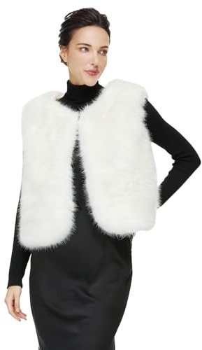 BEAUTELICATE Chalecos de Piel Sintética para Mujer Cárdigan Chaqueta sin Mangas Ropa de Salida Invierno Otoño (Blanco Corto,L)