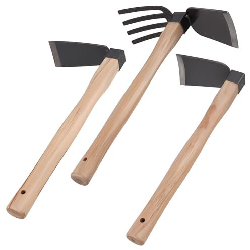 CHEUKYIU Juego de Herramientas de jardín con 3 Azadas de jardín, Incluye azada Plana Ancha, azada Plana Estrecha, azada de Cuatro Dientes, azada de jardín, azada Negra con Mango de Madera para el