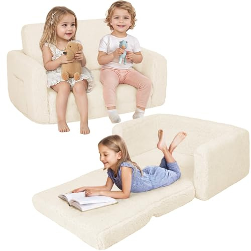 Canapé-lit 2 en 1 pour Enfants avec Poches Latérales et Housse Amovible, Fauteuil Convertible Extra Large et Doux (Beige)