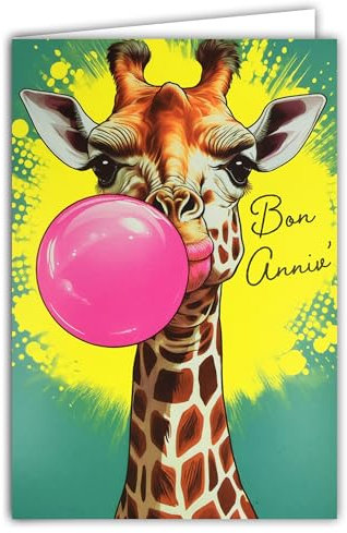 69-8108 Happy Birthday Card with Envelope 12 x 17.5 cm Giraffe Making a Bubble of Pink Chewing Gum Dough Gum - Real Fluorescent Inks - Created and Made in France