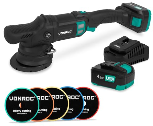 VONROC Trådlös roterande polermaskin PM510DC - Ø125 mm, 20 V, 7 hastigheter, 15 mm dubbelverkande motor, set med 5 skivor, 2 x 4,0 Ah batterier och snabbladdare