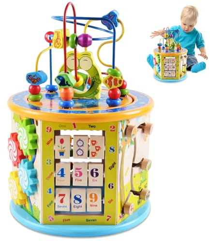 Obelunrp Wooden Activity Cube, Montessori Baby Activity Cube with Bead Maze, Shape Sorter, Abacus and More, Motor Skills Educational Toy for Baby Toddlers, Wooden, Christmas Decor