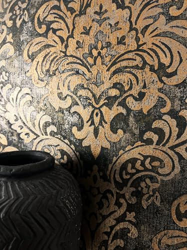 Newroom Carta da Parati Tessuto Non Tessuto Nero Oro Barocco - Ornamento Vintage Classico per Soggiorno Camera da Letto