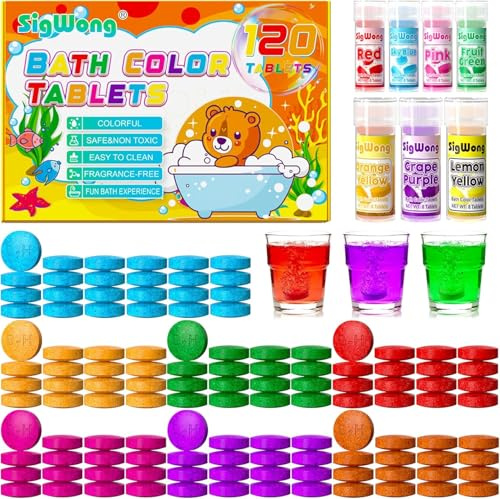 Bath Colour Tablets - 120 Count Food Grade Ingredients Kids Bath Bombs, 7 Colours Water Tablets for Kids, Childrens Bubble Bathe Bombs, Create Fun Shower Colors