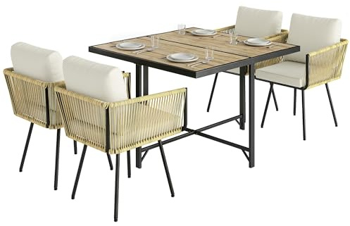 Outsunny Set Tavolo e Sedie da Giardino in Rattan 5 Pezzi, Set Pranzo Esterno con Tavolo Effetto Legno in PS, 4 Sedie, Cuscini Lavabili, in Metallo, Salvaspazio per Patio Balcone, Naturale/Beige