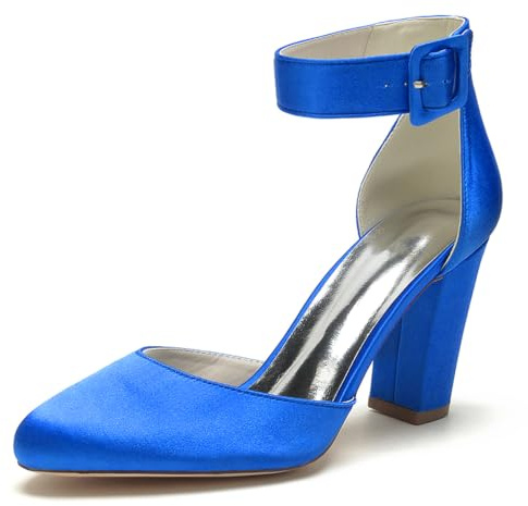 Mdrcg Zapatos Raso tacón Grueso, Punta Afilada, Correa Tobillo con Hebilla | Elegantes zapatos de raso con tacón grueso y correa de tobillo para bodas y fiestas