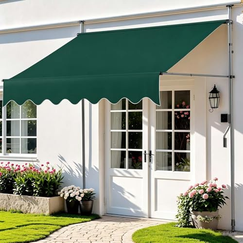 Justerbar infällbar uteplatsmarkis 98 tum x 47 tum UV-skydd vattentätt solskydd, 120 tum ingen borrbaldakin med manuellt vevhandtag (mörkgrön, 350 x 120 cm)