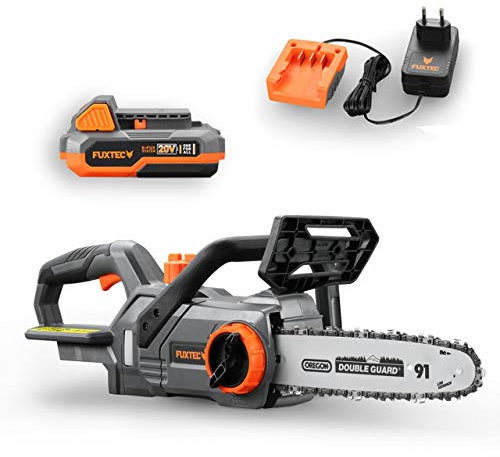 FUXTEC Akku Kettensäge 20V FX-E1KS20 Elektro Motorsäge inklusive 2Ah-Akku und 1A Ladegerät– Schwertlänge 10“, Kettengeschwindigkeit 5 m/s Für Holz- und Gartenarbeiten