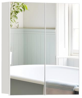 CLIPOP Badezimmer Spiegelschrank, Wandmontage Badezimmerschrank mit 2 Spiegeltüren und verstellbaren Regalböden, Holz Spiegelschrank für Wohnzimmer, Badezimmer