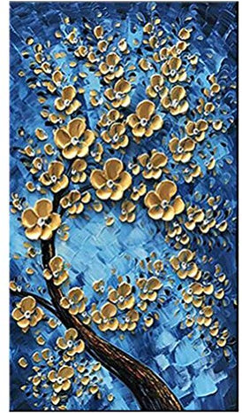 QUANHUA 100% Puro Dipinti a Mano Verticale Dipinti ad Olio 3D,Astratti Albero della fortuna Fiori d'oro su Tela Pittura Moderna Poster Art Stile Decor Quadri per Soggiorno,A,40×80CM