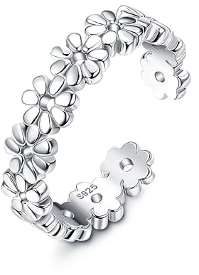 MILACOLATO 925 Sterling Silver Toe Rings for Women White Gold Plated Hypoallergenic Daisy Flower Vintage Adjustable Open Toe Rings Foot Jewelry