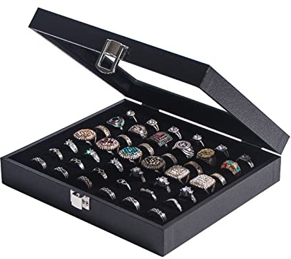 Pangkeep Ring Organizer Display Case,Black Jewelry Storage Tray Boxes for Multiple Rings,Glass Lid,Stackable. (42 Slots)