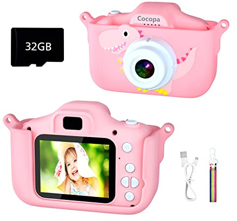 Cocopa Kids Camera for 3-12 Year Old Girls,1080P HD Digital Camera for Kids with 32GB SD Card and 2 Inch IPS Screen, Birthday Christmas Toy Gifts for 3 4 5 6 7 8 Year Old Girls (Pink with Dinosaurs)
