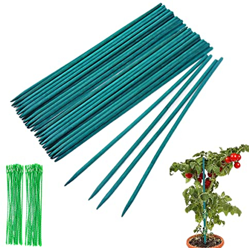 Garden Stakes Bamboo Sticks Plant Support Sticks with 100 Pcs Twist Ties, Green Plant Stakes 17 inch Plant Canes Sticks for Garden or Home Floral Picks Gardening Tripods Making