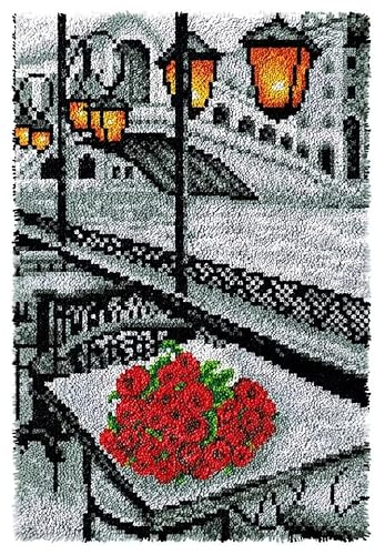 ROCKY&CHAO Latch Hook Kits ​​Rose in The Snowy Night​​ 60x40 CM DIY Latch Hook Rug Kit Home Carpet Rug Making Kit, Cross Stitch Embroidery Kits Needlework Crafts Rug for Home Decor