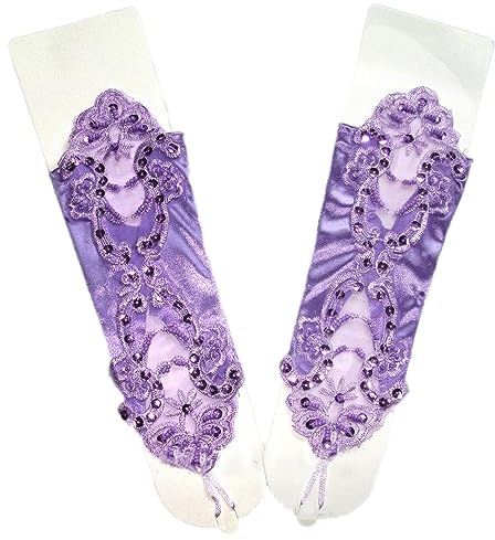 Spetshandskar för kvinnor, eleganta handskar paljett rosa spetshandske krokfinger spets blommiga handskar att binda för bröllop bankett kostymtillbehör fest middag,, Ljuslila, One size