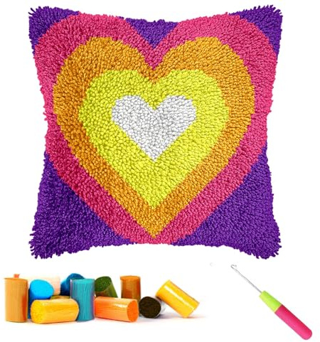 CCWORAN Heart Latch Hook Kits for Adults Cushion Beginners Cover Making Crochet Love Rainbow Craft Kits Pre Printed Canvas Wool Yarn Hobbies DIY Sofa Home Decor Women Gift 7