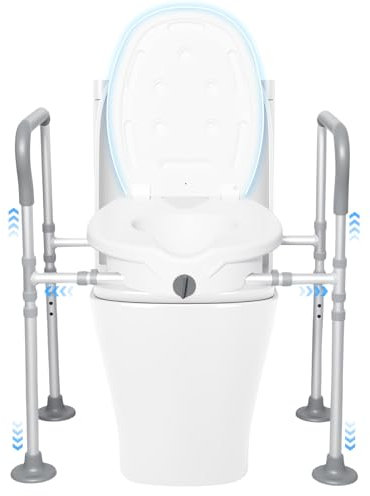 CALISTOUK Elevador WC con Tapa/Reposabrazos Antideslizante, Upgraded Ajuste de Altura de 4 Posiciones, Anchura Ajustable 64-72 cm Alzador WC Blando Adulto per Cuarto de Baño
