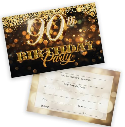 Stuff4 90th Birthday Party Invitations Women and Men, Gold Confetti 20 Pack | Adults Birthday Invitations for Friends Family A6 Bday Party Invites Invitation Cards with Folding Envelopes