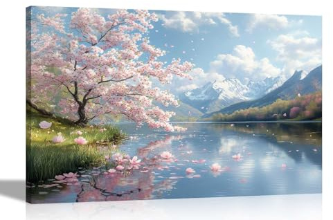 Artley Prints - Spring Lake Mountain Landscape Tree Canvas Prints Framed Wall Art Scenery Pictures Home Office Living Room Extra Large 101 x 76cm (40 x 30 inches)