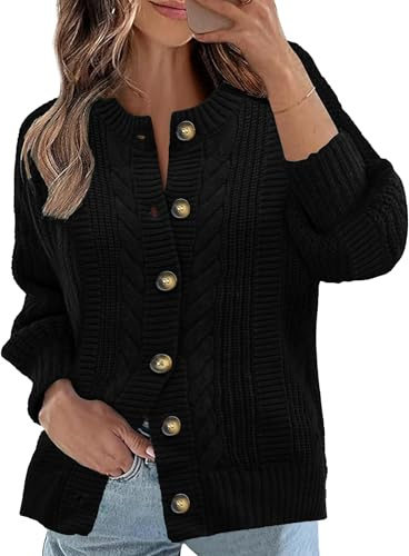 Rapbin Women's Cardigans Cable Knit Long Sleeve Cardigan Loose Casual Button Down Open Front Outerwear Sweater for Winter Fall(Black,L)