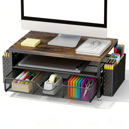 Zinueen Soporte para monitor con cajón, organizador de escritorio para pantalla y portátil, soporte ergonómico para monitor elevador como accesorio de escritorio y gadgets (negro)