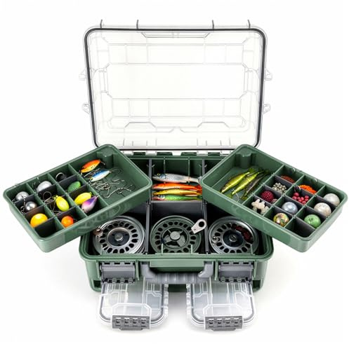 VELORA LANE 3-Tier Fishing Tackle Box with Secure Lock, Adjustable Compartments Large Capacity Storage Organizer for Carp, Bass, Freshwater & Saltwater Fishing Gear (Green)