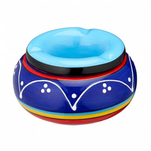 MIJOMA Sturmaschenbecher Windaschenbecher aus Dolomit, Keramik-Tischaschenbecher mit Deckel, wetterfest witterungsbeständig, für Innen- & Außenbereich (Blau – Fiesta-Design, Ø11 cm)