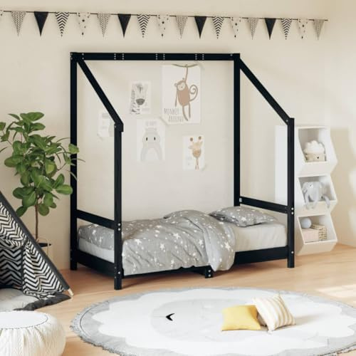 Ziaphsol Kinderbett Schwarz 70x140 cm aus Massivholz Kiefer mit Lattenrost, Bettgestell für Kleinkinder 18 Monate bis 4 Jahre, Platz für Bettvorhänge, ruhiger Schlafbereich